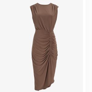 Crew Neck Sleeveless Side Ruched Sheath Midi Dress express size large mocha